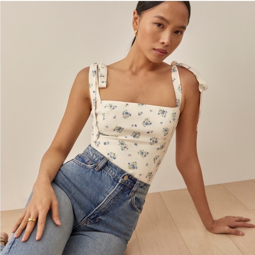 Reformation Cream Floral Tie-Shoulder Crop Top - Picture 1 of 7
